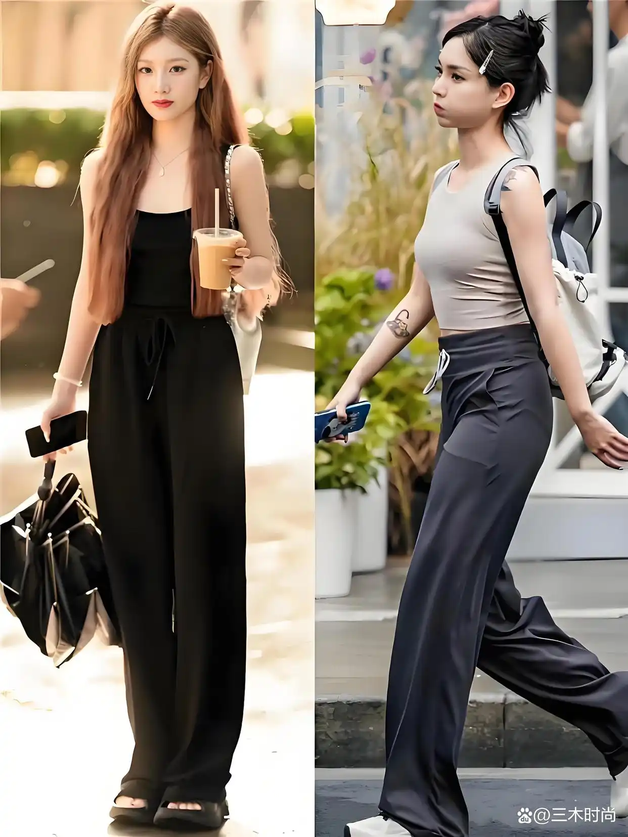 短袖搭配阔腿裤_上海时尚女孩穿搭_截短款上衣街拍趋势