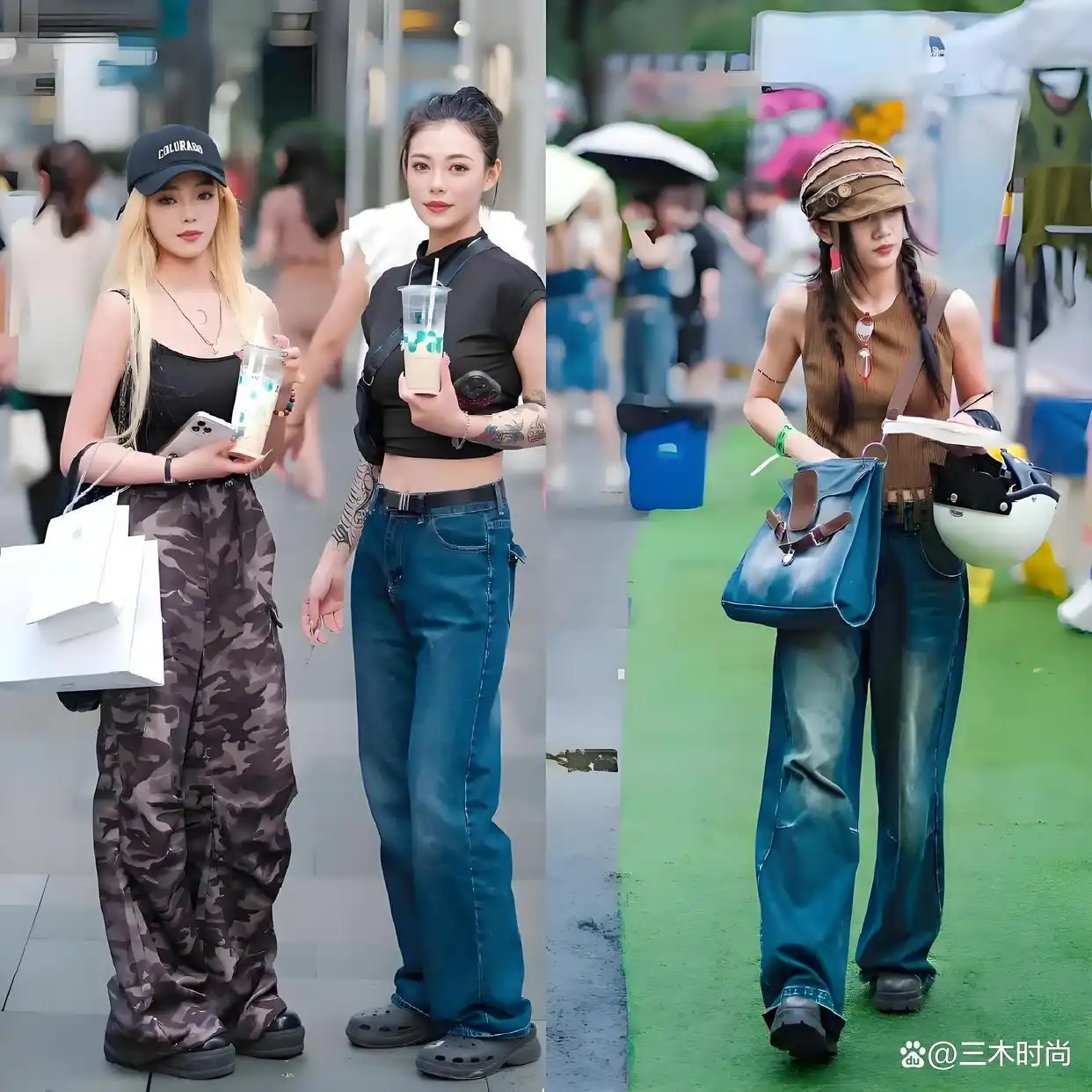 截短款上衣街拍趋势_短袖搭配阔腿裤_上海时尚女孩穿搭